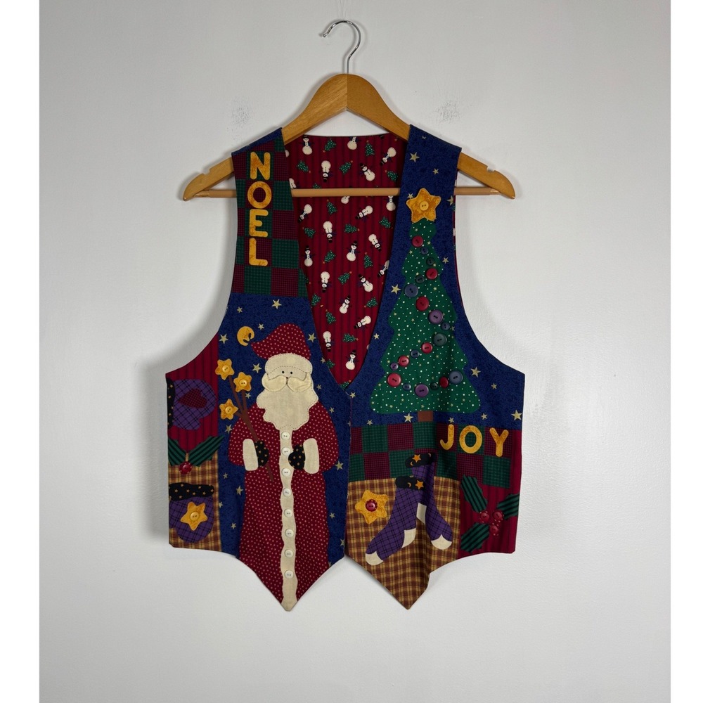 Festive Christmas Reversible Vest Womens M Santa Snowman Patchwork Multicolor